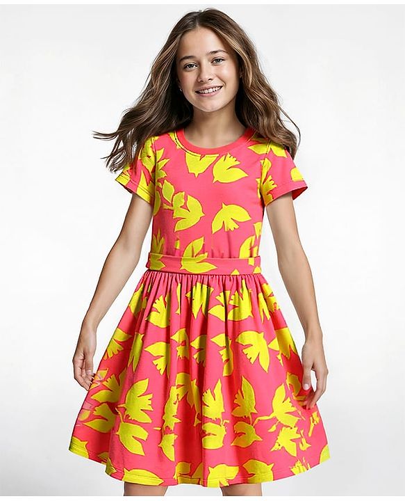 Pine Kids Cotton Knit Half Sleeves Frock with Birds Print - Dark Pink