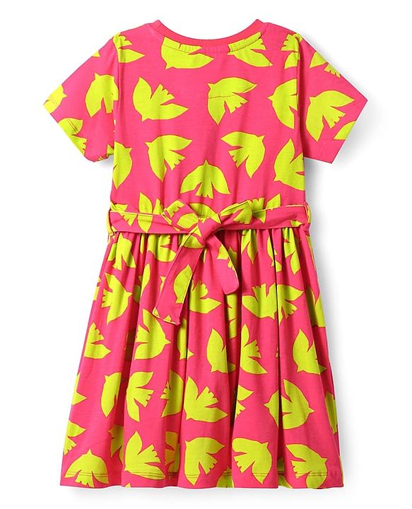 Pine Kids Cotton Knit Half Sleeves Frock with Birds Print - Dark Pink
