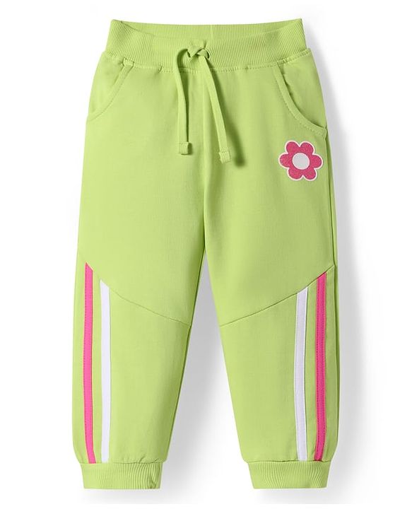Babyhug Terry Knit Full Length Lounge Pant With Floral Patch - Light Green