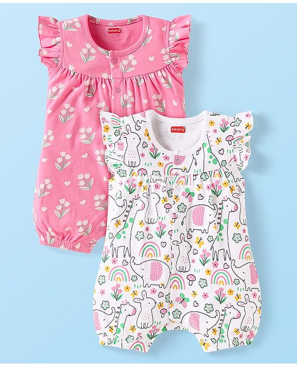 Babyhug 100% Cotton Knit Frill Sleeves Front Open Romper with Floral Print Pack of 2 - Pink & White