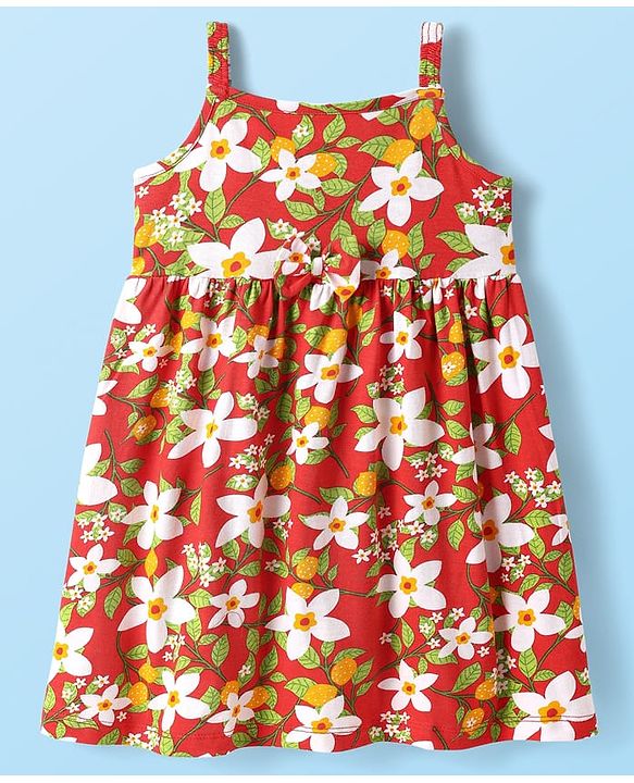 Babyhug Single Jersey Knit Sleeveless Floral Printed Frock with Bow Applique - Red