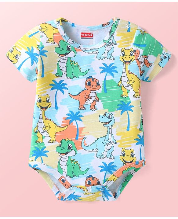 Babyhug 100% Cotton Knit Half Sleeves Onesie with Dino Print - Multicolor