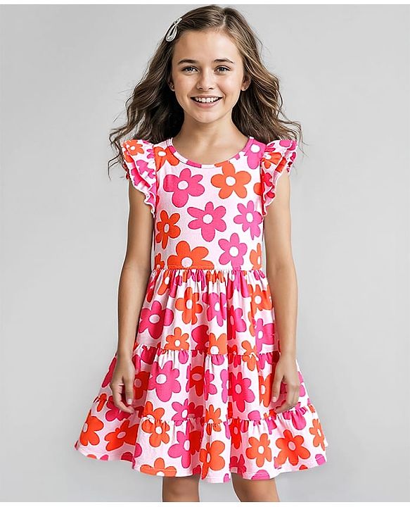 Pine Kids Cotton Knit Frill Sleeves Frock with Floral Print - White