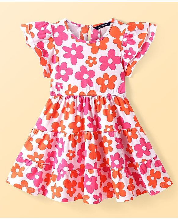 Pine Kids Cotton Knit Frill Sleeves Frock with Floral Print - White