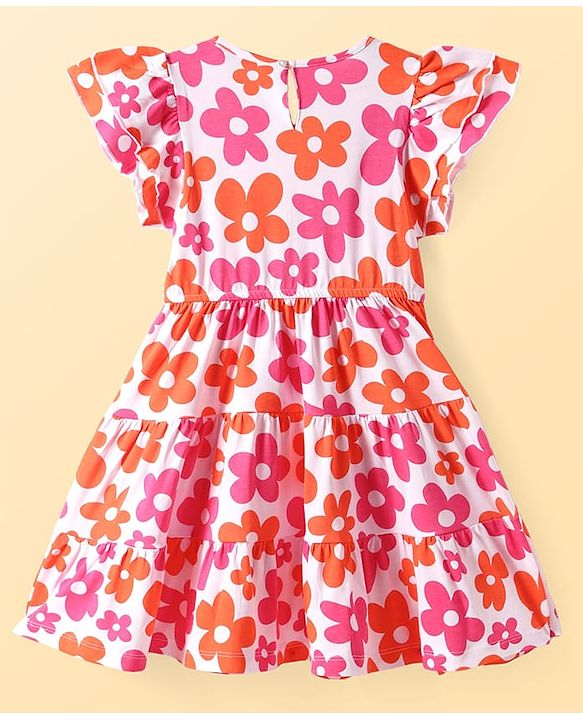 Pine Kids Cotton Knit Frill Sleeves Frock with Floral Print - White