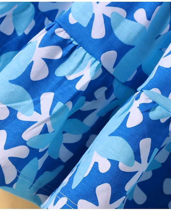 Pine Kids Cotton Knit Half Puffed Sleeves Frock with Floral Print - White & Blue