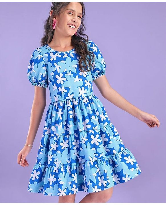 Pine Kids Cotton Knit Half Puffed Sleeves Frock with Floral Print - White & Blue