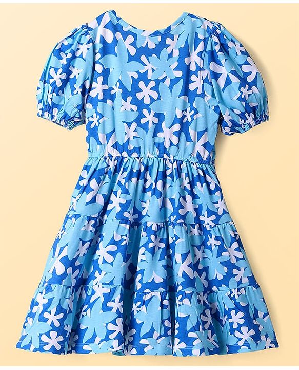 Pine Kids Cotton Knit Half Puffed Sleeves Frock with Floral Print - White & Blue