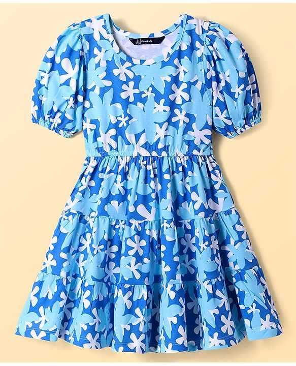 Pine Kids Cotton Knit Half Puffed Sleeves Frock with Floral Print - White & Blue