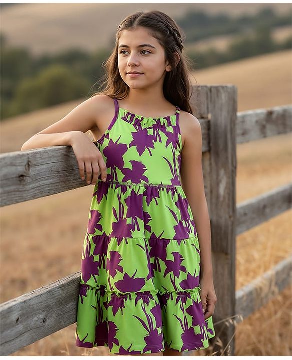 Pine Kids Cotton Knit Singlet Sleeves Frock with Floral Print - Green
