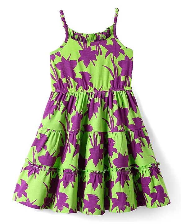 Pine Kids Cotton Knit Singlet Sleeves Frock with Floral Print - Green