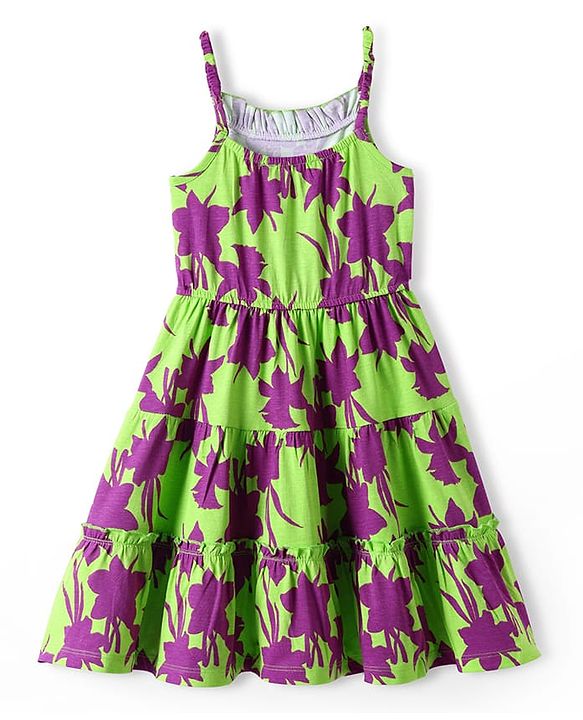Pine Kids Cotton Knit Singlet Sleeves Frock with Floral Print - Green