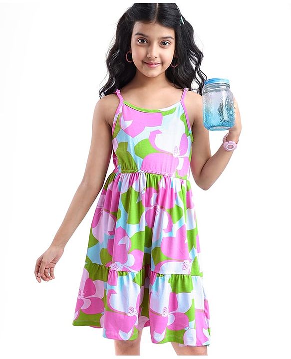 Pine Kids Cotton Knit Singlet Sleeves Frock with Floral Print - Purple