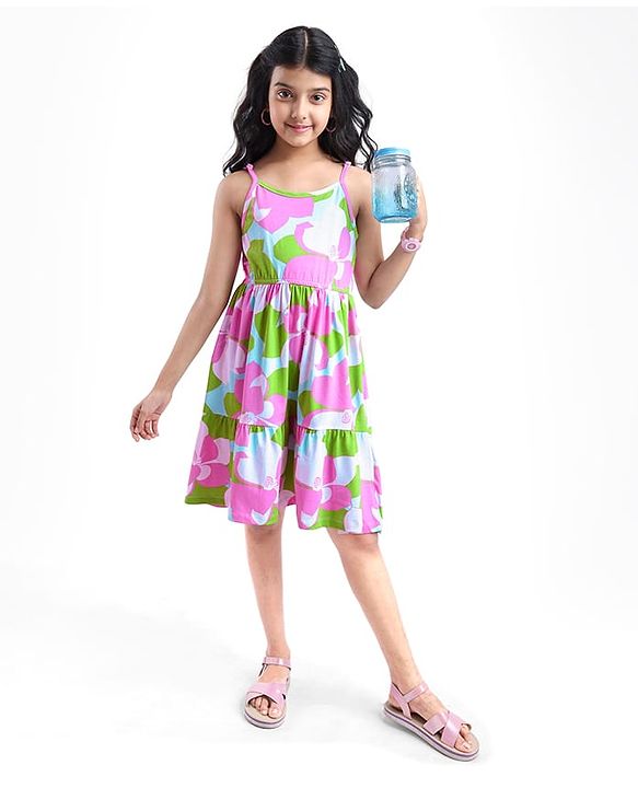 Pine Kids Cotton Knit Singlet Sleeves Frock with Floral Print - Purple