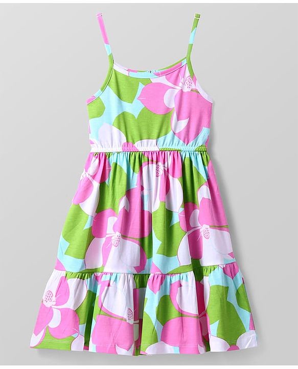 Pine Kids Cotton Knit Singlet Sleeves Frock with Floral Print - Purple