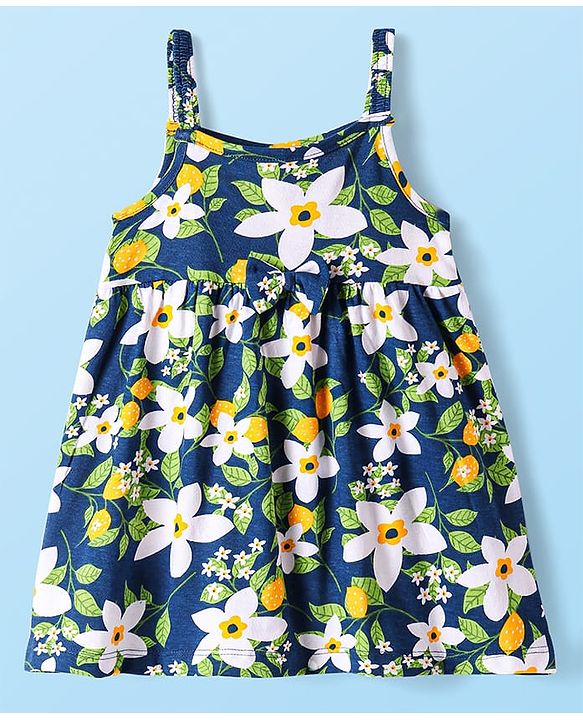 Babyhug Single Jersey Knit Singlet Sleeves Frock with Floral Print - Navy Blue