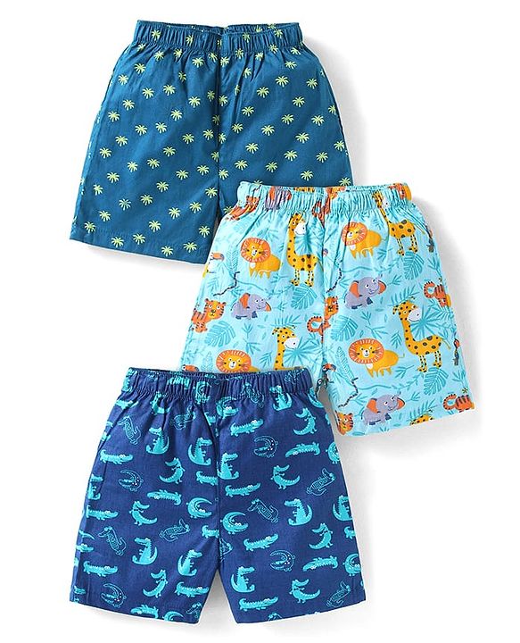 Babyhug Poplin Woven Boxers with Animal Print Pack of 3 - Blue