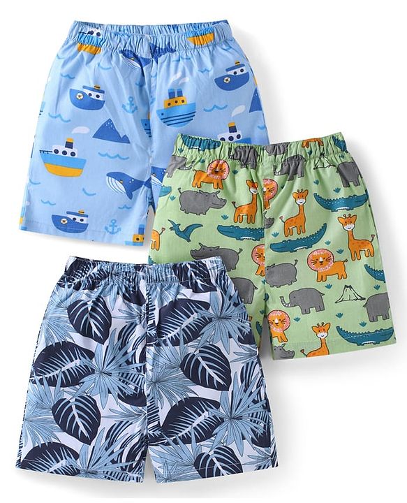 Babyhug Poplin Woven Boxers with Animal & Leaves Print Pack of 3 - Blue & Green