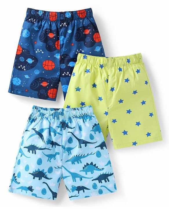 Babyhug Poplin Woven Boxers with Dino & Space Theme Print Pack of 3 - Blue & Light Green