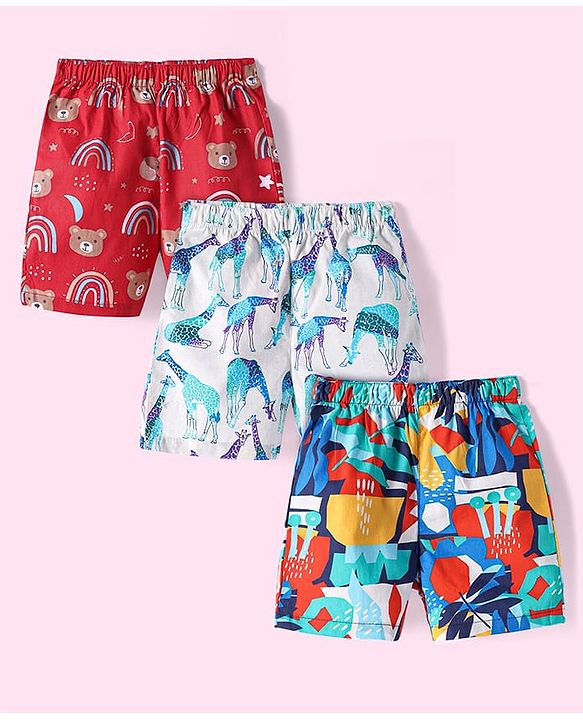 Babyhug Poplin Woven Above Knee Length Boxers With Animal & Tropical Print Pack Of 3 - Red Grey & Navy Blue