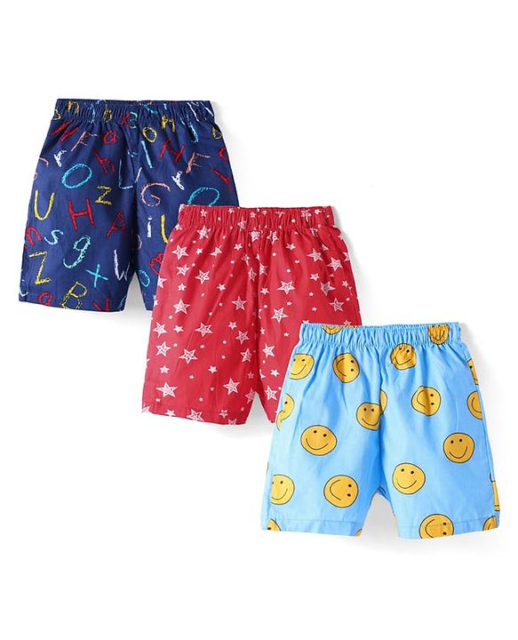 Babyhug Poplin Woven Above Knee Length Boxers With Smiley & Tropical Print Pack Of 3 - Red Yellow & Navy Blue