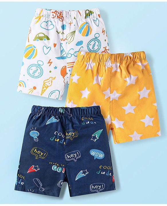 Babyhug Cotton Poplin Woven Boxer with Star Print Pack of 3 - Navy Blue Yellow