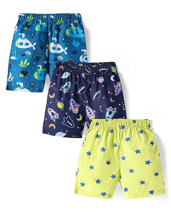Babyhug Poplin Woven Boxers with Nautical & Space Theme Print Pack of 3 - Light Green Navy & Teal Blue