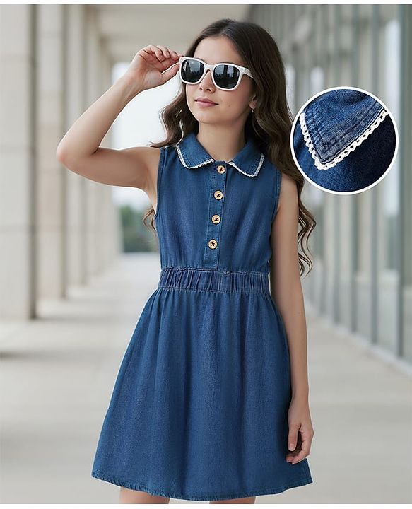 Pine Kids Cotton Woven Sleeveless Solid Color Frock with Lace Detailing - Blue