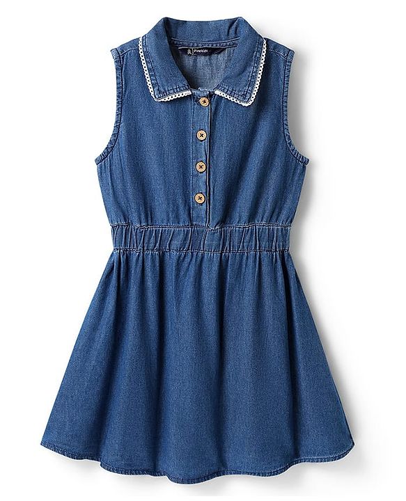 Pine Kids Cotton Woven Sleeveless Solid Color Frock with Lace Detailing - Blue
