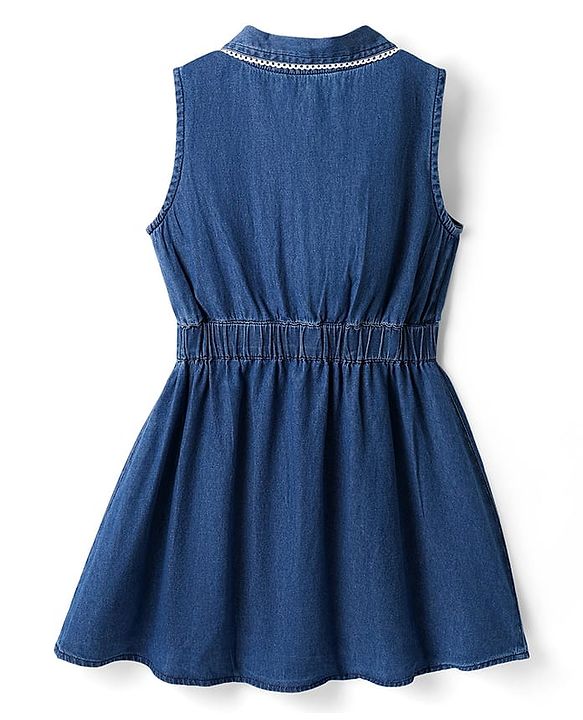 Pine Kids Cotton Woven Sleeveless Solid Color Frock with Lace Detailing - Blue