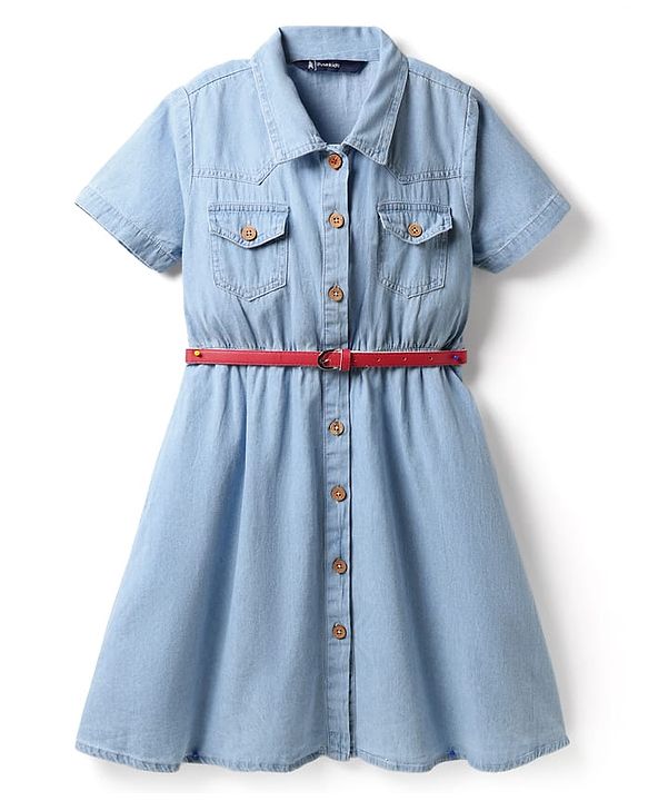 Pine Kids Cotton Woven Half Sleeves Solid Shirt Style Frock With Belt - Light Blue