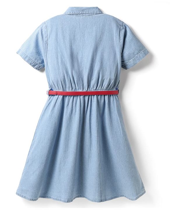 Pine Kids Cotton Woven Half Sleeves Solid Shirt Style Frock With Belt - Light Blue