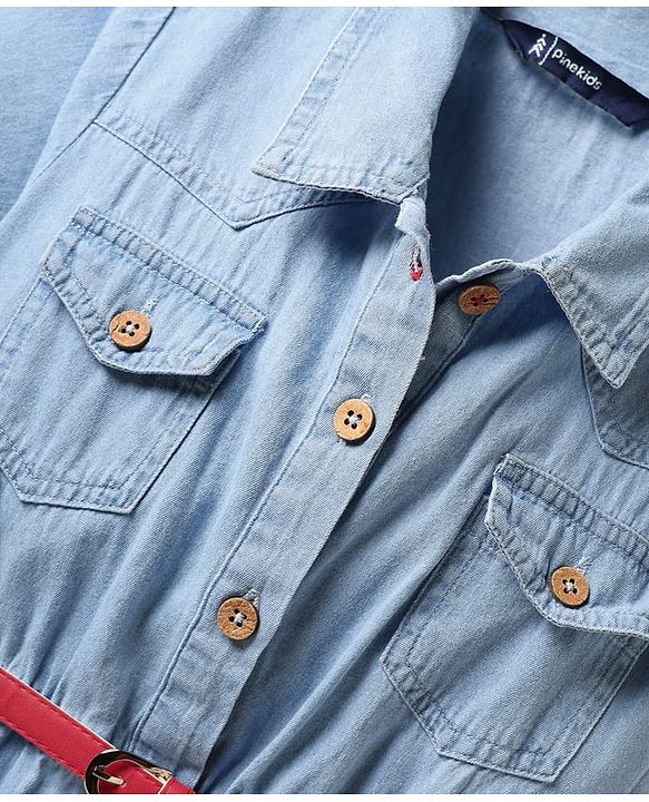 Pine Kids Cotton Woven Half Sleeves Solid Shirt Style Frock With Belt - Light Blue