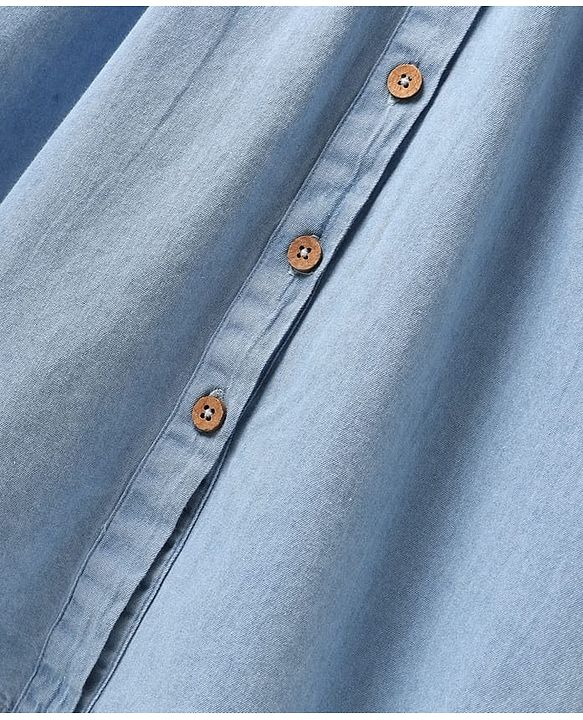 Pine Kids Cotton Woven Half Sleeves Solid Shirt Style Frock With Belt - Light Blue