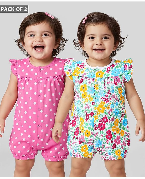 Babyhug 100% Cotton Knit Frill Sleeves Romper with Polka Dots & Floral Print Pack of 2 - Pink & White