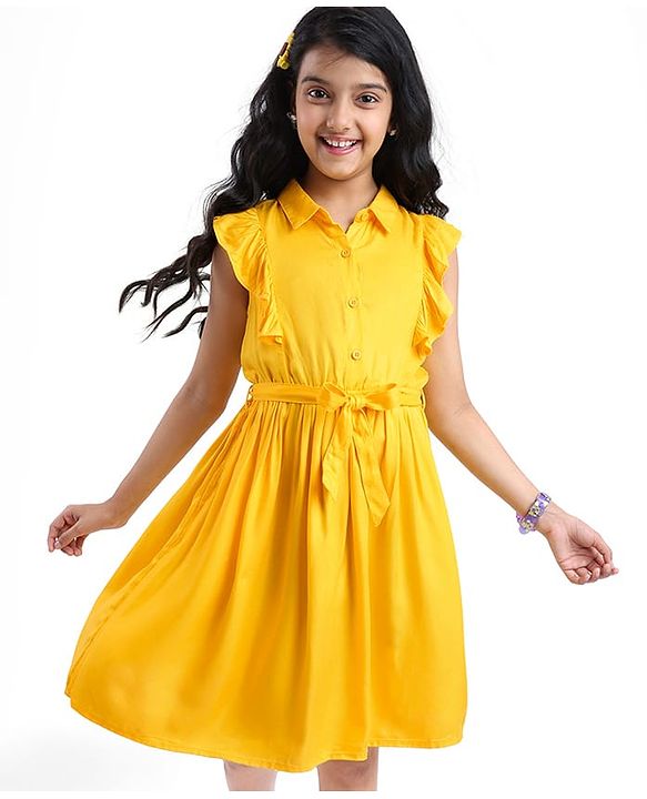 Pine Kids Rayon Woven Frill Sleeves Solid Color Collared Frock - Yellow