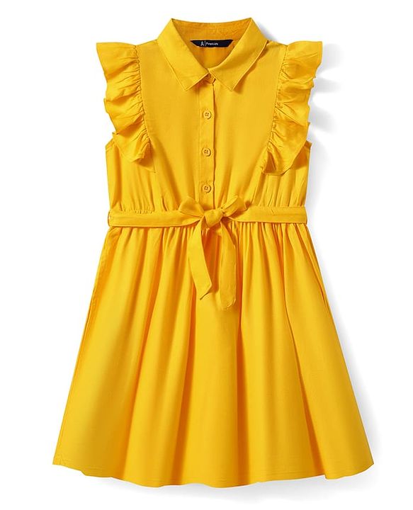Pine Kids Rayon Woven Frill Sleeves Solid Color Collared Frock - Yellow