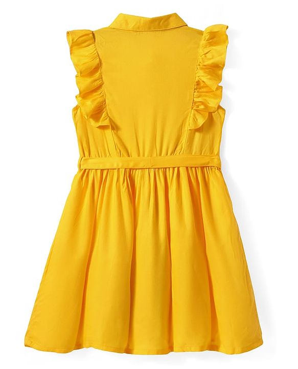 Pine Kids Rayon Woven Frill Sleeves Solid Color Collared Frock - Yellow