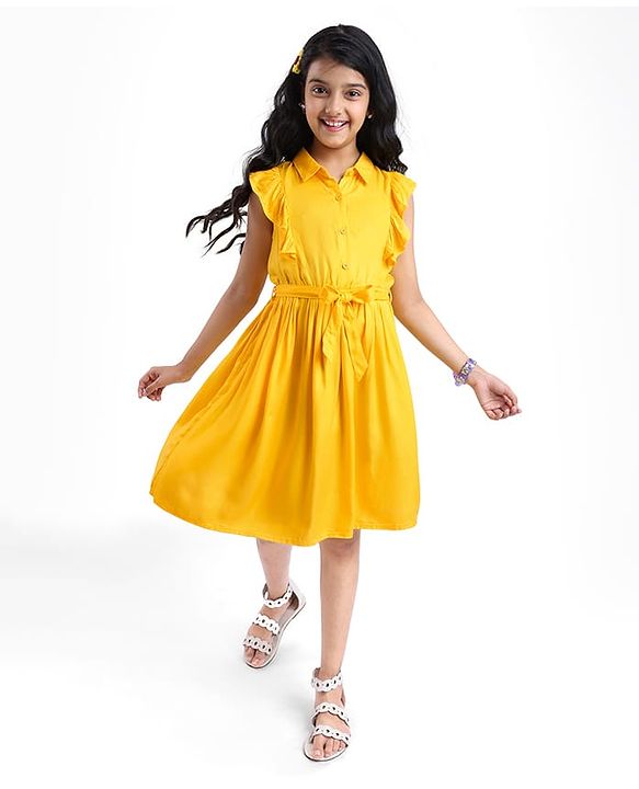 Pine Kids Rayon Woven Frill Sleeves Solid Color Collared Frock - Yellow