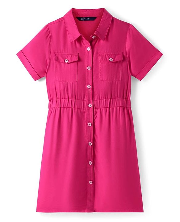Pine Kids Rayon Woven Half Sleeves Solid Color Shirt Dress - Dark Pink