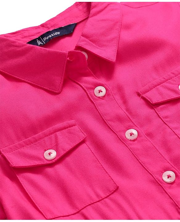 Pine Kids Rayon Woven Half Sleeves Solid Color Shirt Dress - Dark Pink