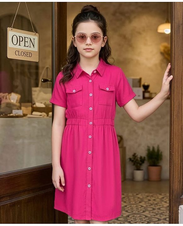 Pine Kids Rayon Woven Half Sleeves Solid Color Shirt Dress - Dark Pink