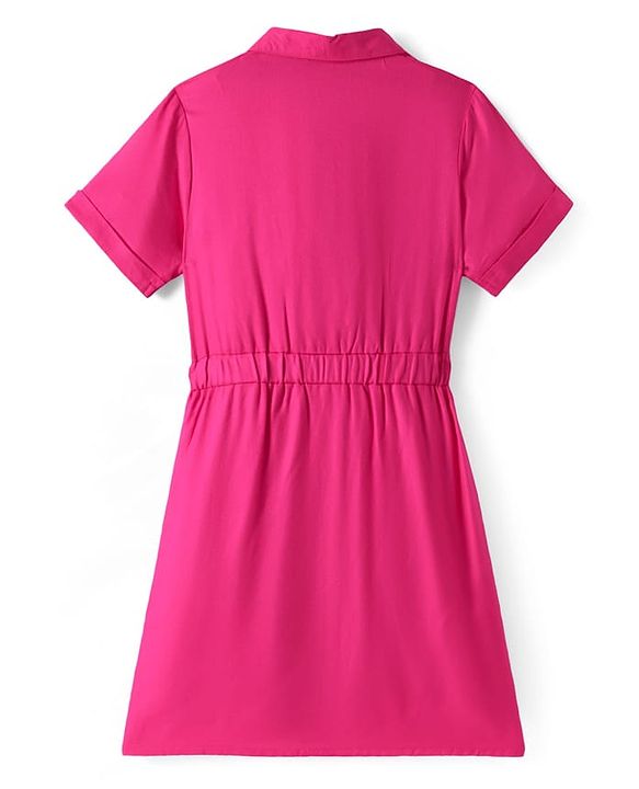 Pine Kids Rayon Woven Half Sleeves Solid Color Shirt Dress - Dark Pink