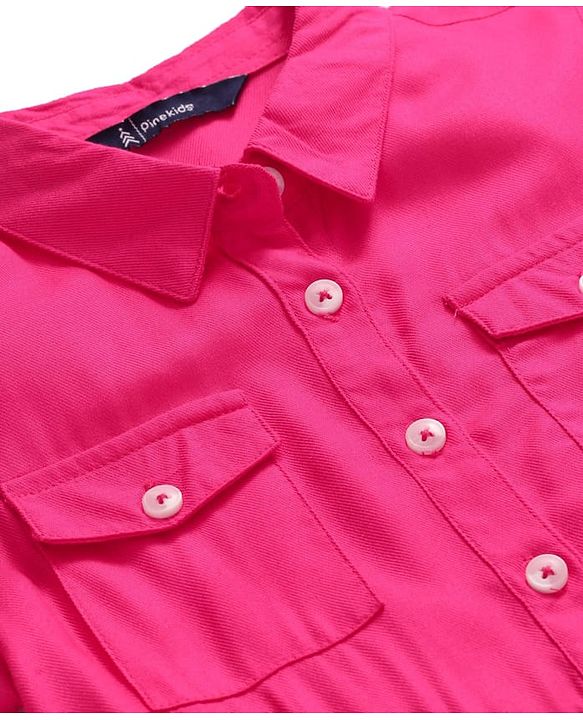 Pine Kids Rayon Woven Half Sleeves Solid Color Shirt Dress - Dark Pink