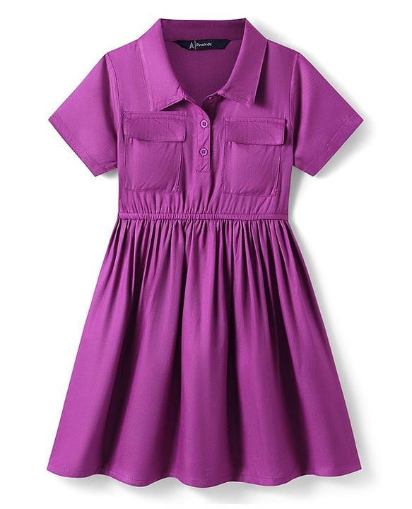 Pine Kids Rayon Woven Half Sleeves Solid Color Shirt Dress - Purple