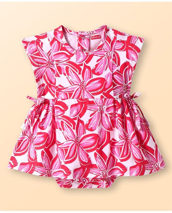Babyhug 100% Cotton Knit Half Sleeves Frock Style Onesie with Floral Print - Pink