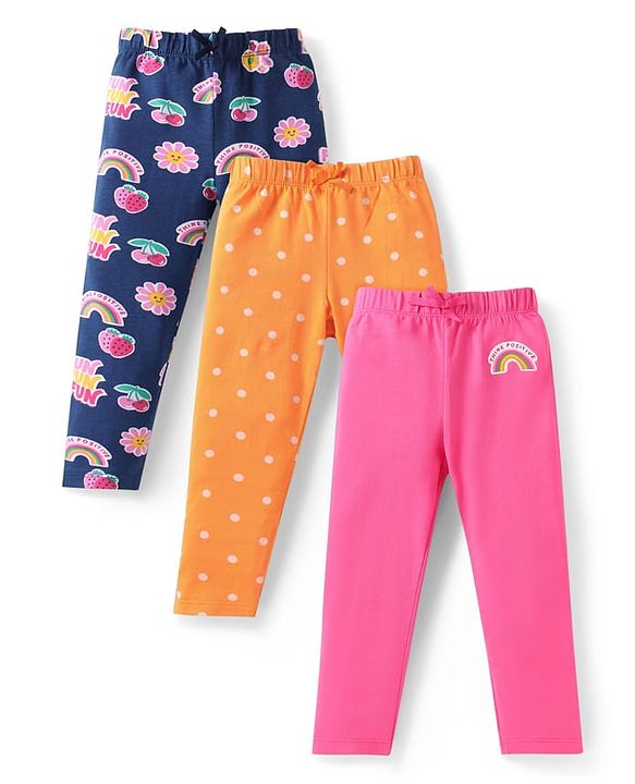 Babyhug Single Jersey Knit Full Length Floral and Polka Dot Printed Leggings Pack Of 3 - Navy Blue Orange Pink