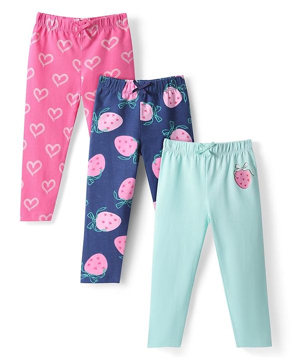 Babyhug Single Jersey Knit Full Length Leggings with Tropical Prints Pack of 3 - Pink & Blue
