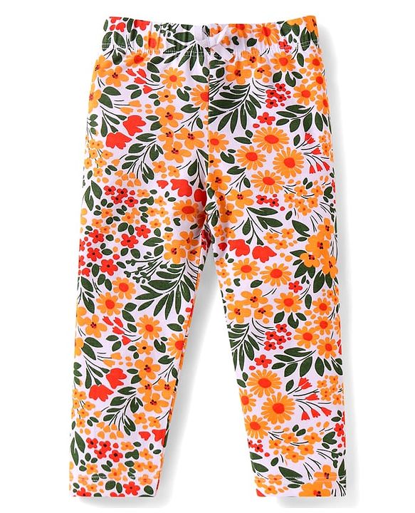 Babyhug Single Jersey Knit Full Length Leggings With Floral & Polka Dot Print Pack of 3 - Olive Green Red & White