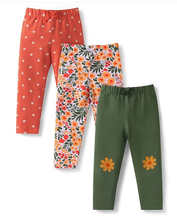 Babyhug Single Jersey Knit Full Length Leggings With Floral & Polka Dot Print Pack of 3 - Olive Green Red & White